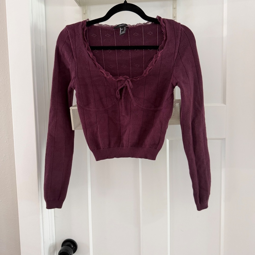 Forever 21 Burgundy Pointelle Lace Trim Bustier Crop Sweater Top S Coquette